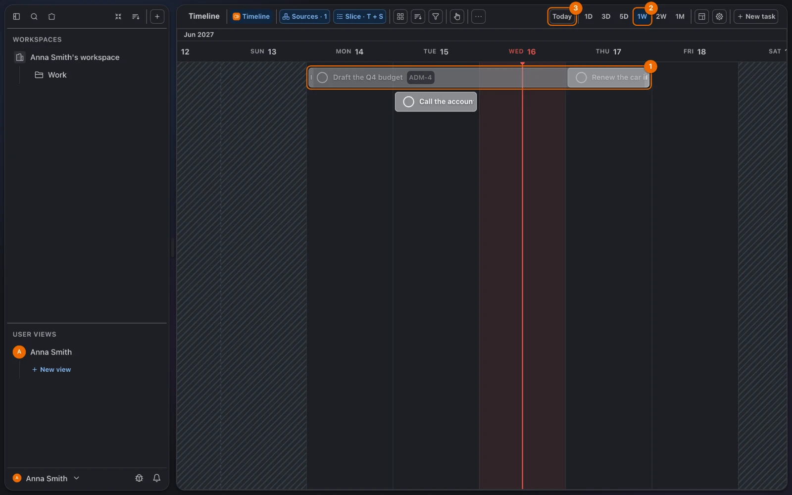 A Timeline view on 1W with the right end of the Draft the Q4 budget bar dragged from Wednesday to Thursday, over the Renew the car insurance bar on Thursday