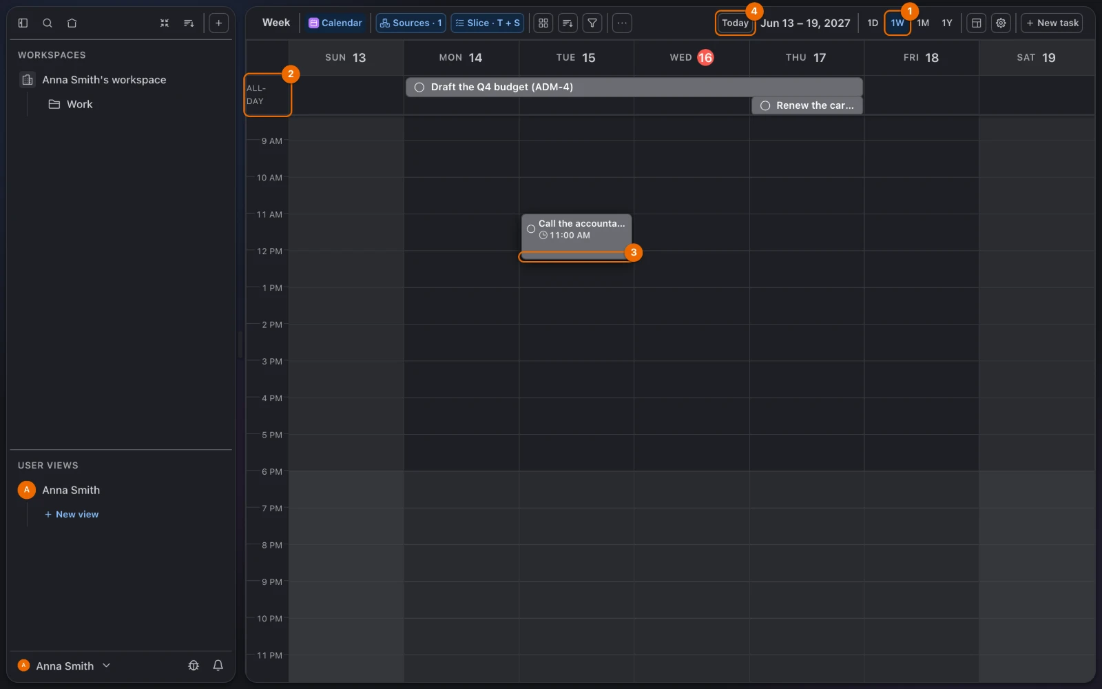 A Calendar view on 1W with Call the accountant moved to Tuesday 11:00 and its bottom edge dragged down to 12:00