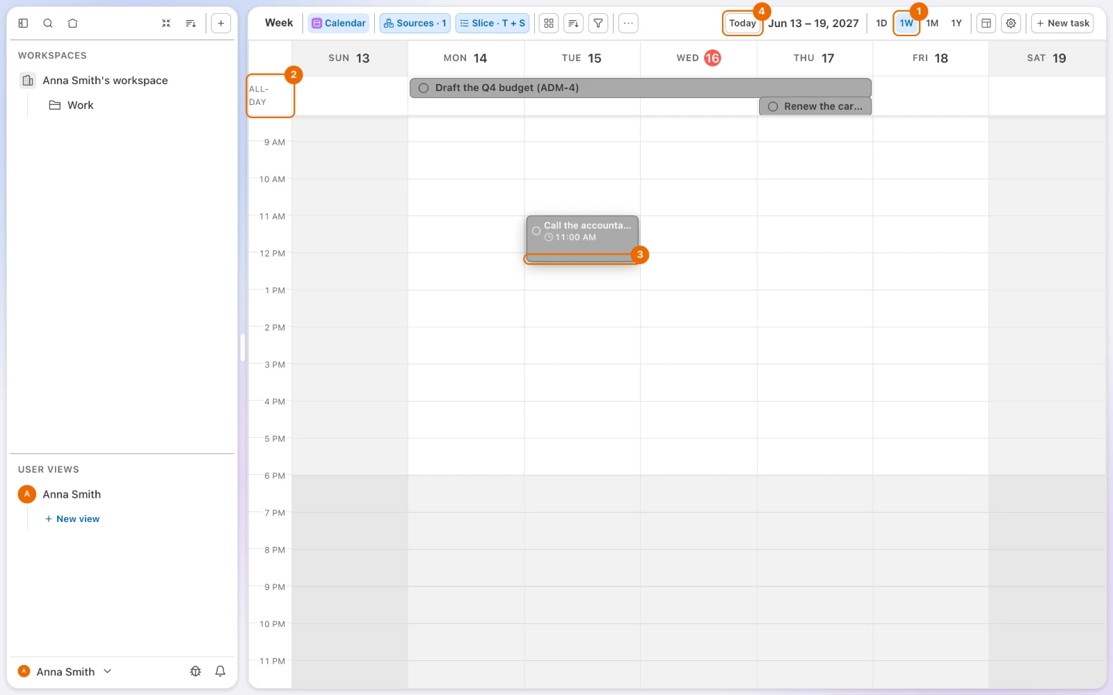 A Calendar view on 1W with Call the accountant moved to Tuesday 11:00 and its bottom edge dragged down to 12:00