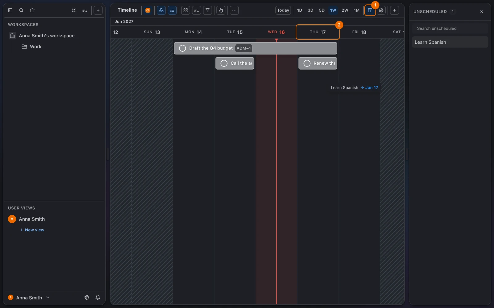 A Timeline view with the Unscheduled panel open and Learn Spanish dragged from it onto Thursday, June 17