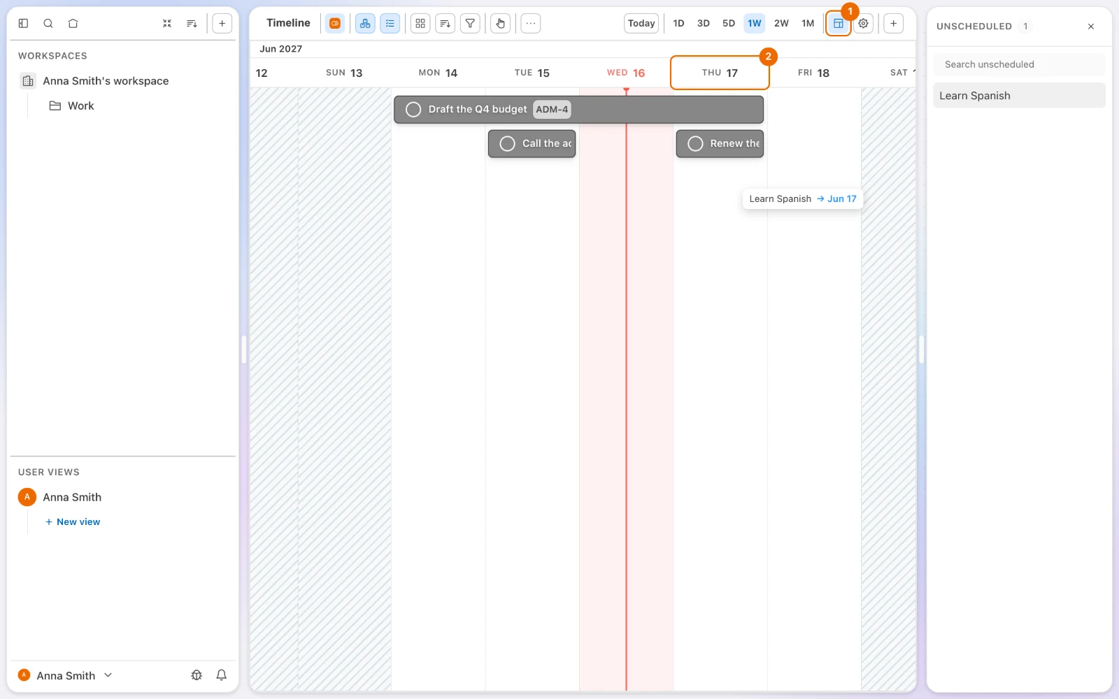 A Timeline view with the Unscheduled panel open and Learn Spanish dragged from it onto Thursday, June 17