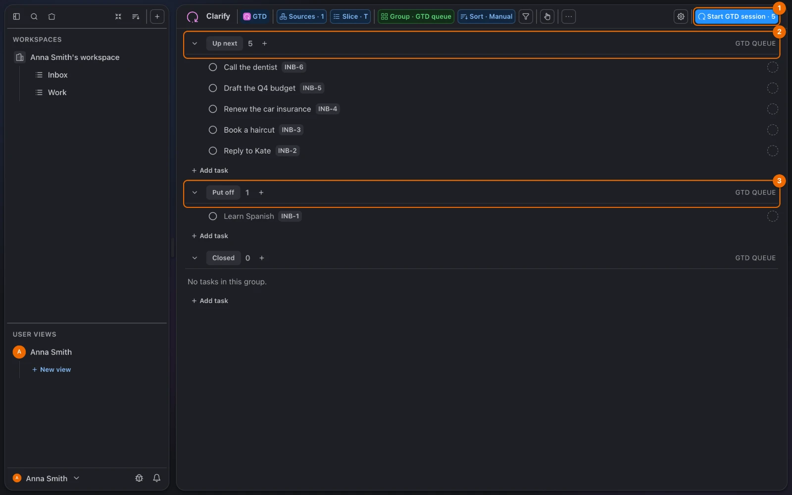 The GTD view of the Inbox list: five tasks under Up next, one under Put off, and the Start GTD session · 5 button