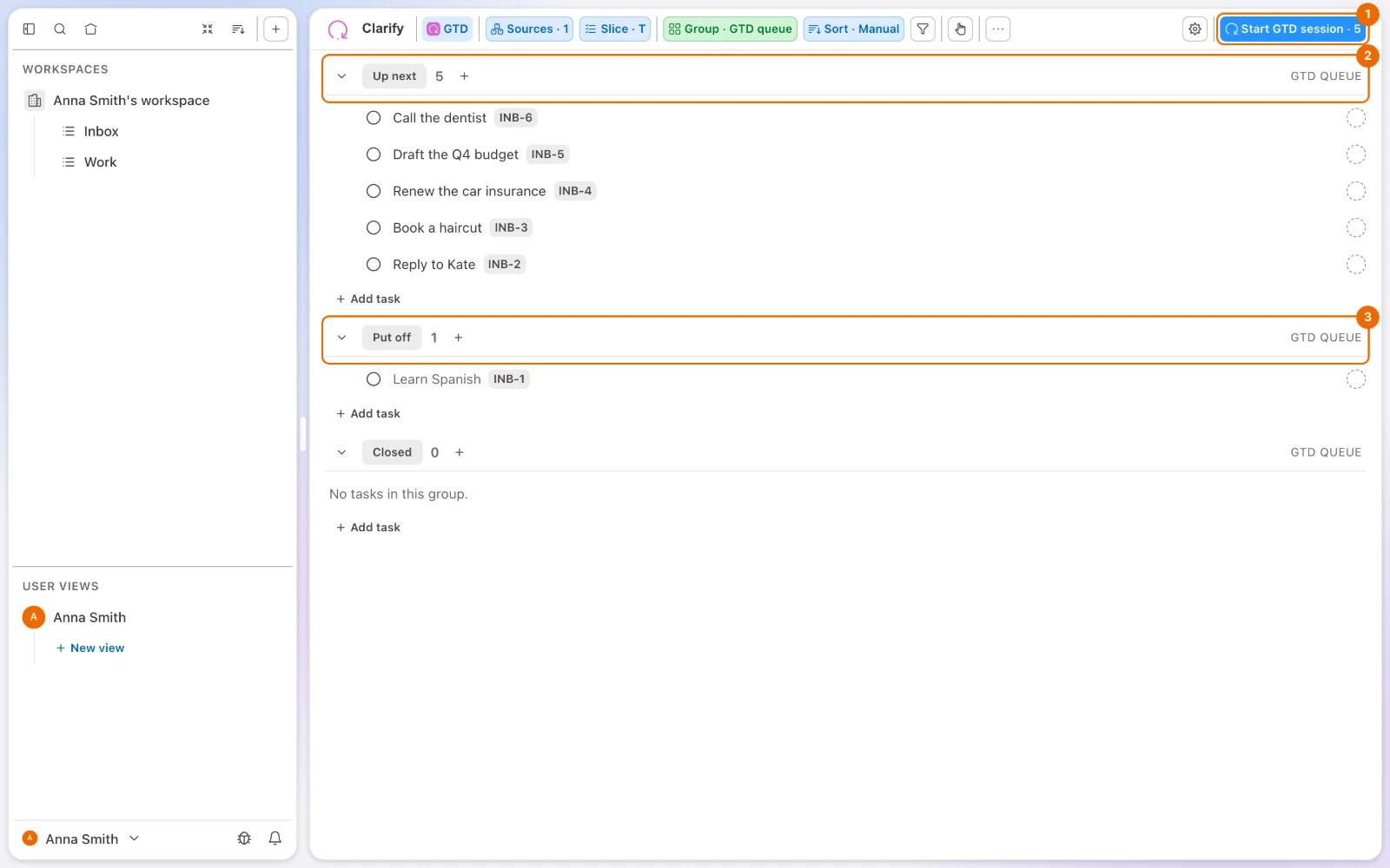 The GTD view of the Inbox list: five tasks under Up next, one under Put off, and the Start GTD session · 5 button