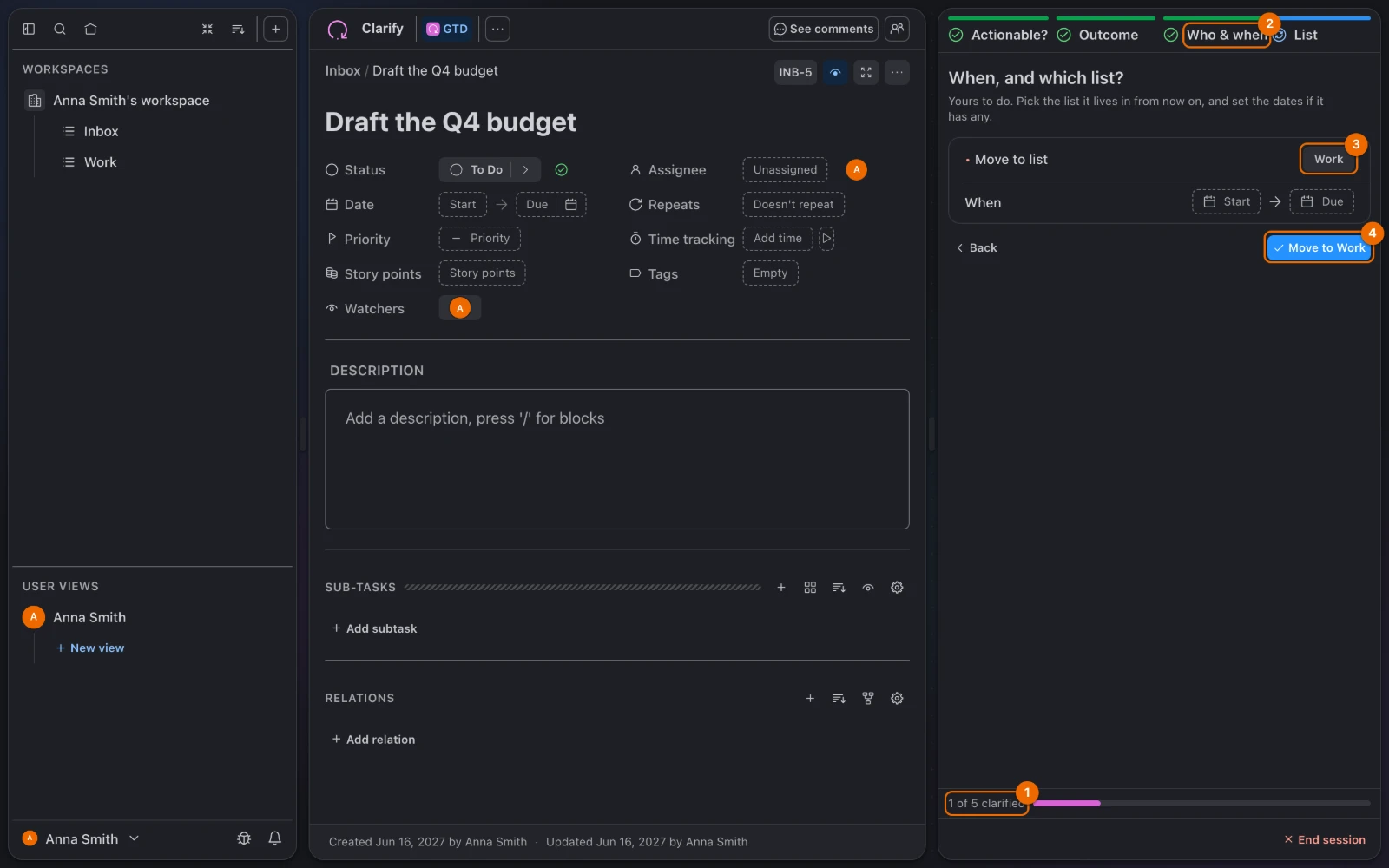 The Guided GTD panel on Draft the Q4 budget, scheduled to do yourself: Move to list set to Work, the Move to Work button and the counter 1 of 5 clarified