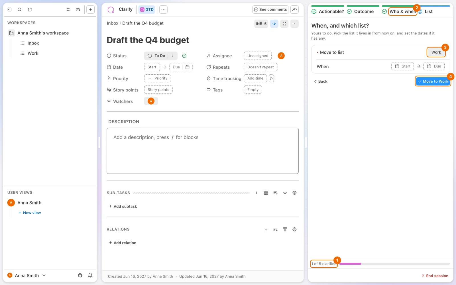 The Guided GTD panel on Draft the Q4 budget, scheduled to do yourself: Move to list set to Work, the Move to Work button and the counter 1 of 5 clarified