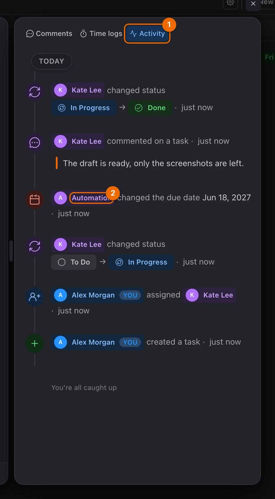 The Activity tab of Prepare release notes, newest first: Kate Lee changed status twice and commented, an automation changed the due date to Jun 18, 2027, and Alex Morgan assigned Kate Lee and created the task
