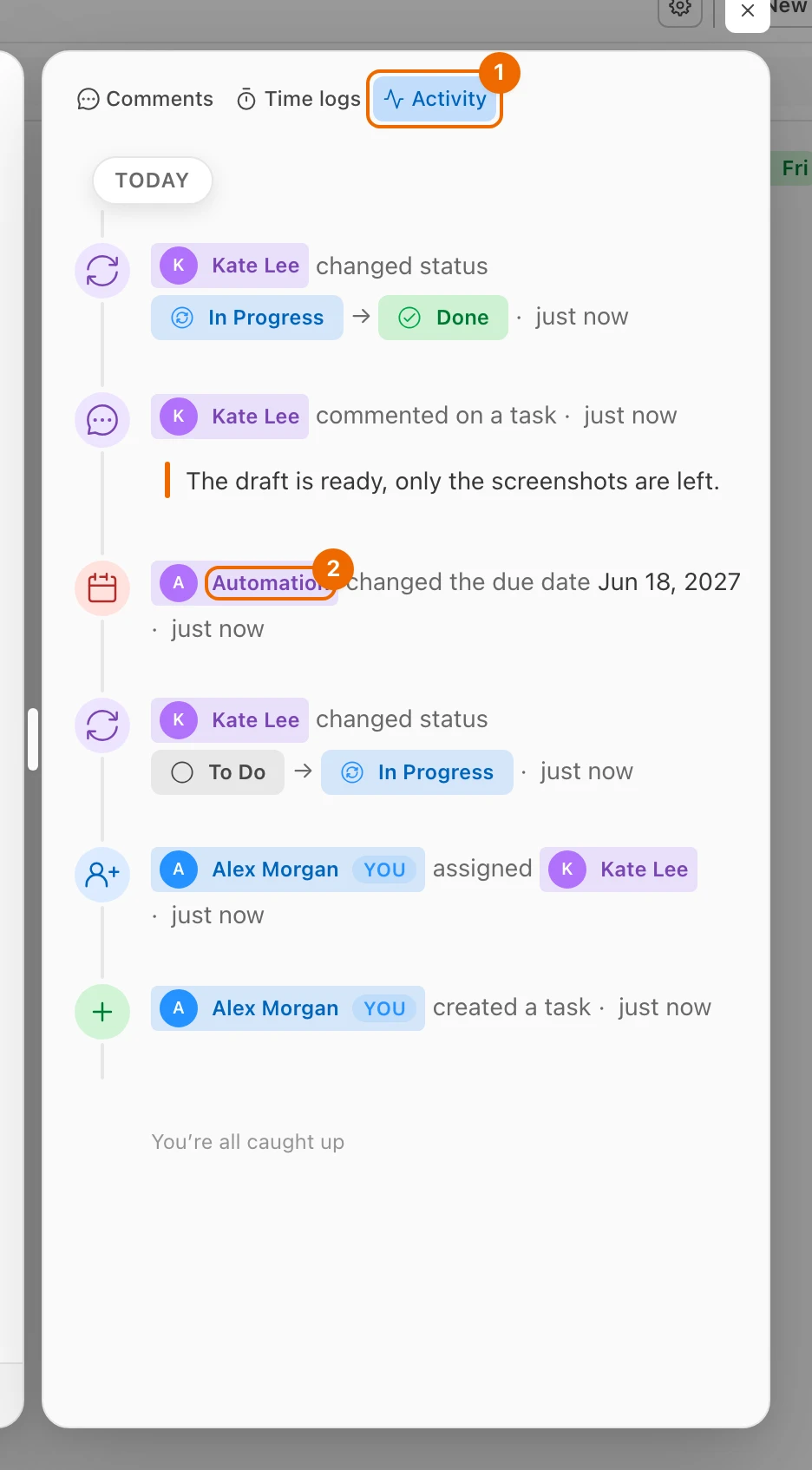 The Activity tab of Prepare release notes, newest first: Kate Lee changed status twice and commented, an automation changed the due date to Jun 18, 2027, and Alex Morgan assigned Kate Lee and created the task