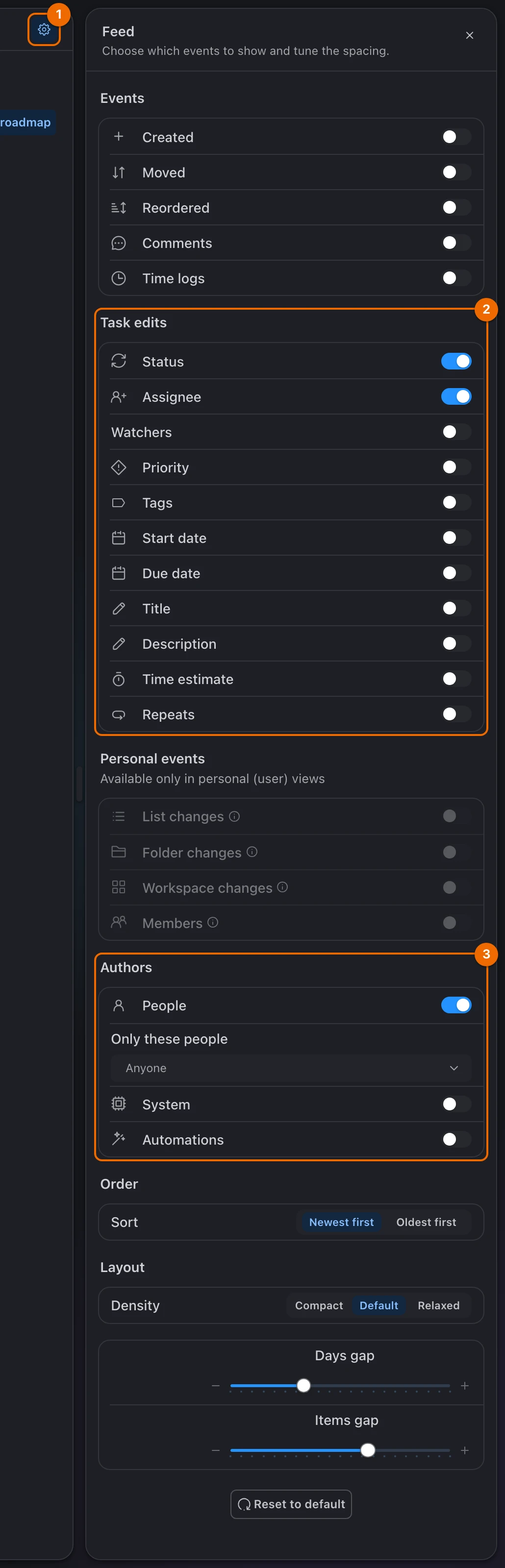 The folder Product's Feed view with Feed settings open: Events off, Task edits with only Status and Assignee on, and Authors limited to People