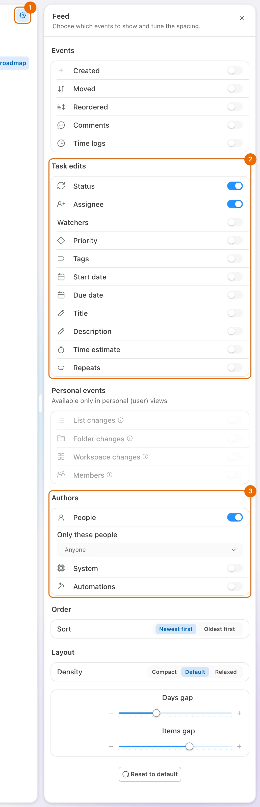 The folder Product's Feed view with Feed settings open: Events off, Task edits with only Status and Assignee on, and Authors limited to People