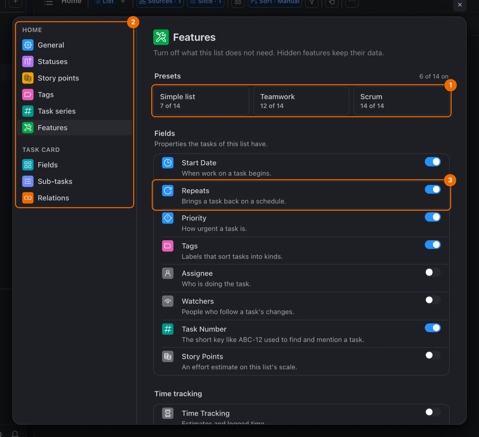 Configure › Features of the list Home: the presets at the top, the page list on the left, and Start Date, Repeats, Priority, Tags, Task Number and Subtasks switched on