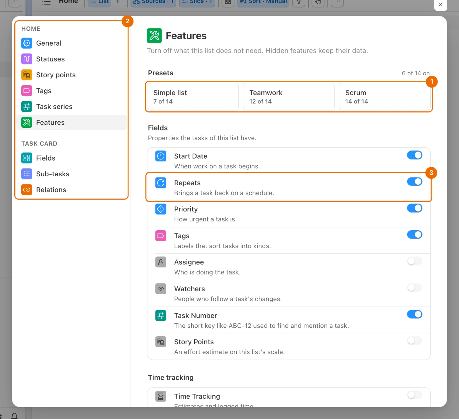 Configure › Features of the list Home: the presets at the top, the page list on the left, and Start Date, Repeats, Priority, Tags, Task Number and Subtasks switched on