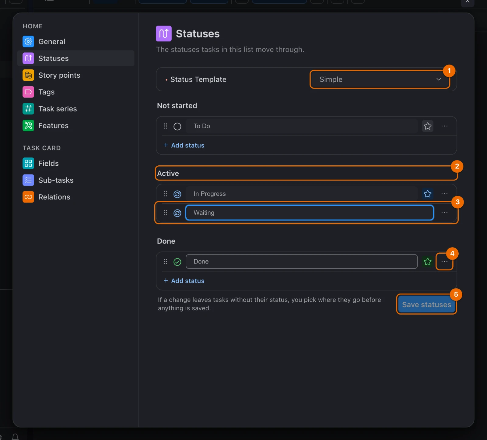 Configure › Statuses of the list Home: template Simple, a new status Waiting being added under Active, a status's … menu and the Save statuses button