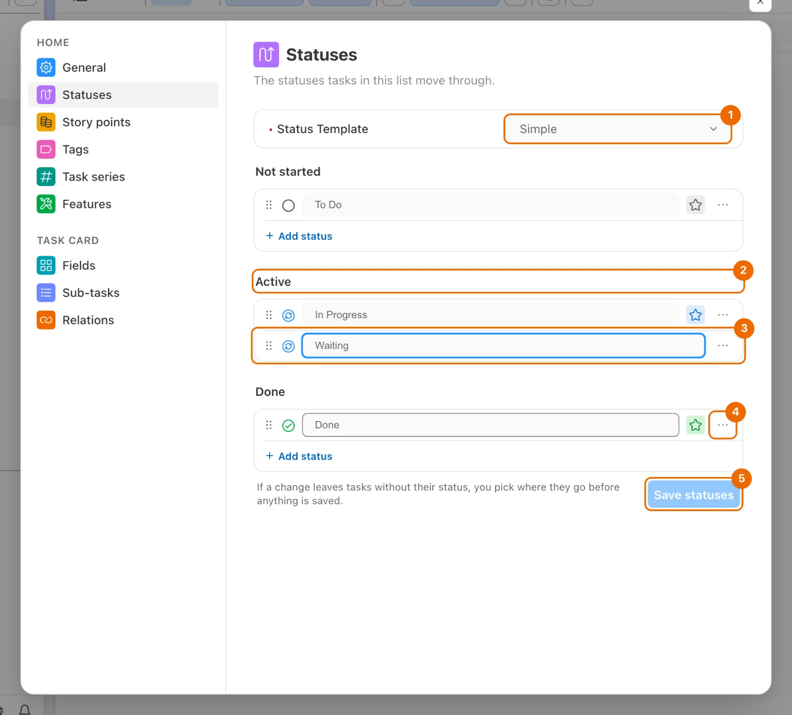 Configure › Statuses of the list Home: template Simple, a new status Waiting being added under Active, a status's … menu and the Save statuses button