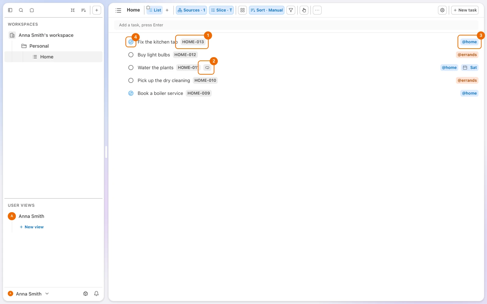 The list Home with five tasks, HOME-009 to HOME-013: tags @home and @errands, one repeating task, statuses To Do and In Progress
