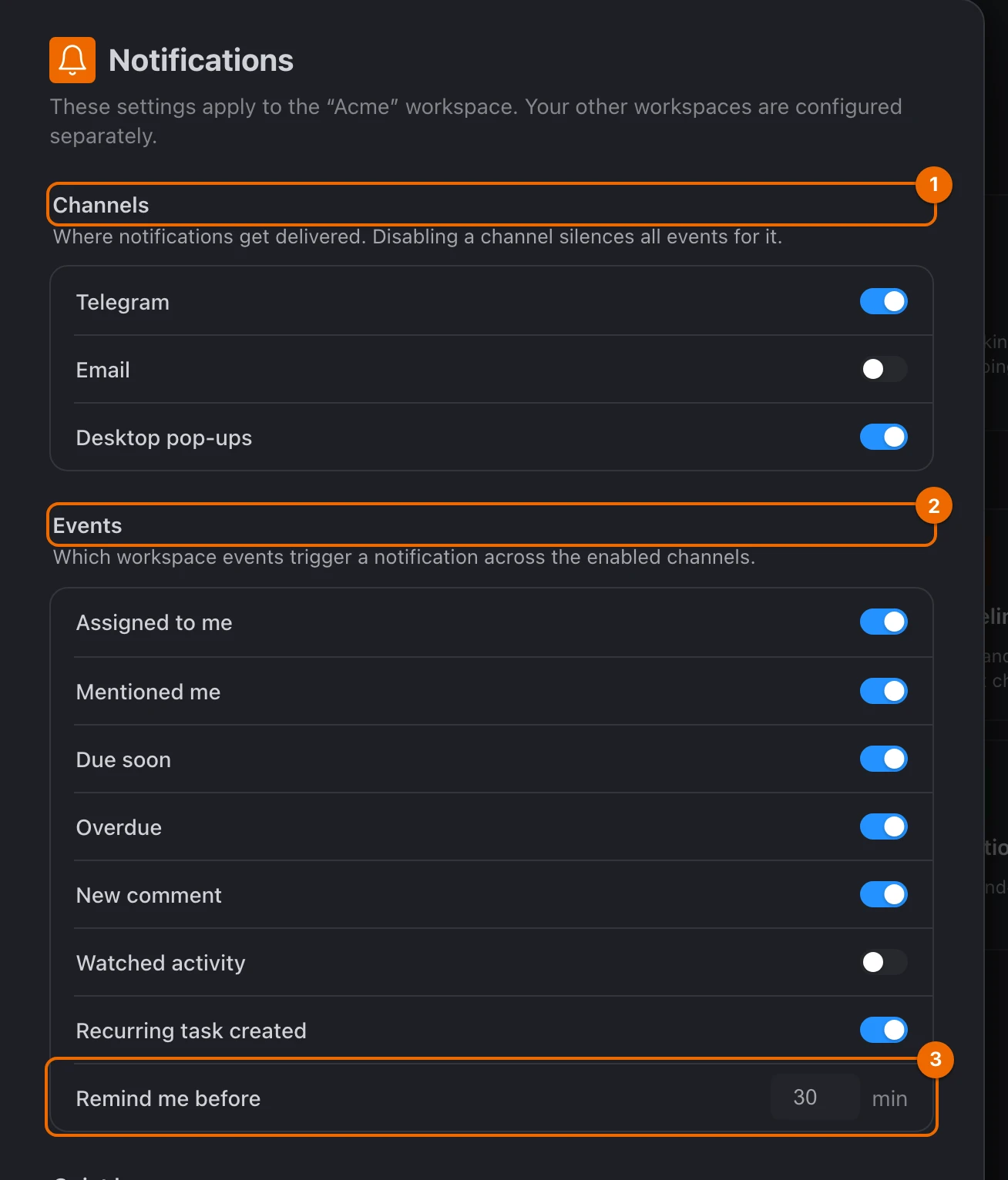 Workspace settings, Notifications for Acme: Telegram and Desktop pop-ups on, Email off, Watched activity off, and Remind me before at 30 minutes