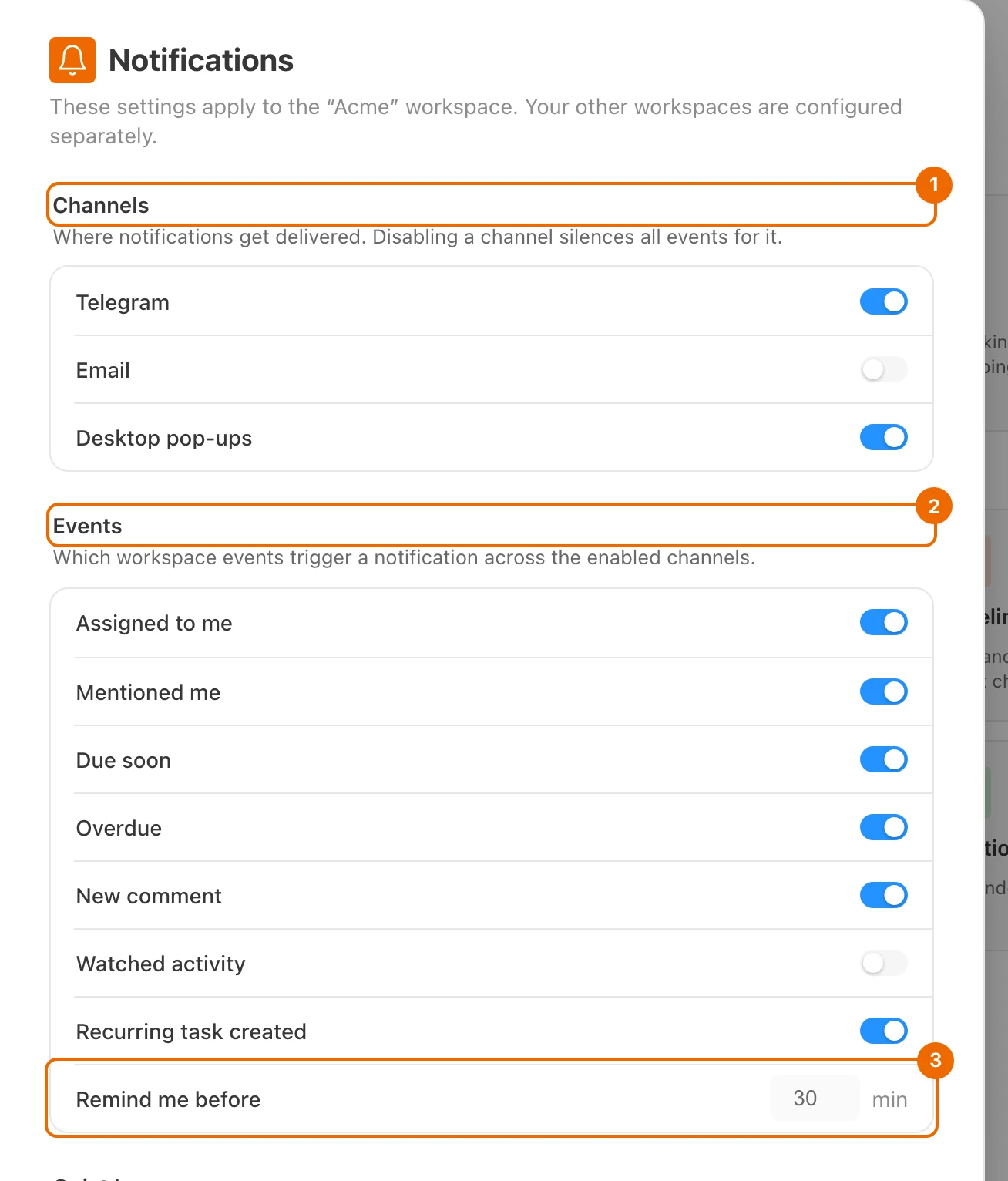 Workspace settings, Notifications for Acme: Telegram and Desktop pop-ups on, Email off, Watched activity off, and Remind me before at 30 minutes