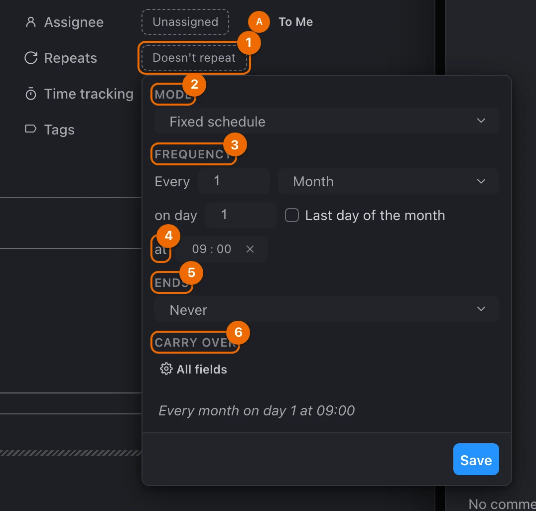 The repeat editor of Pay rent: Mode Fixed schedule, every 1 month on day 1 at 09:00, Ends Never, Carry over All fields