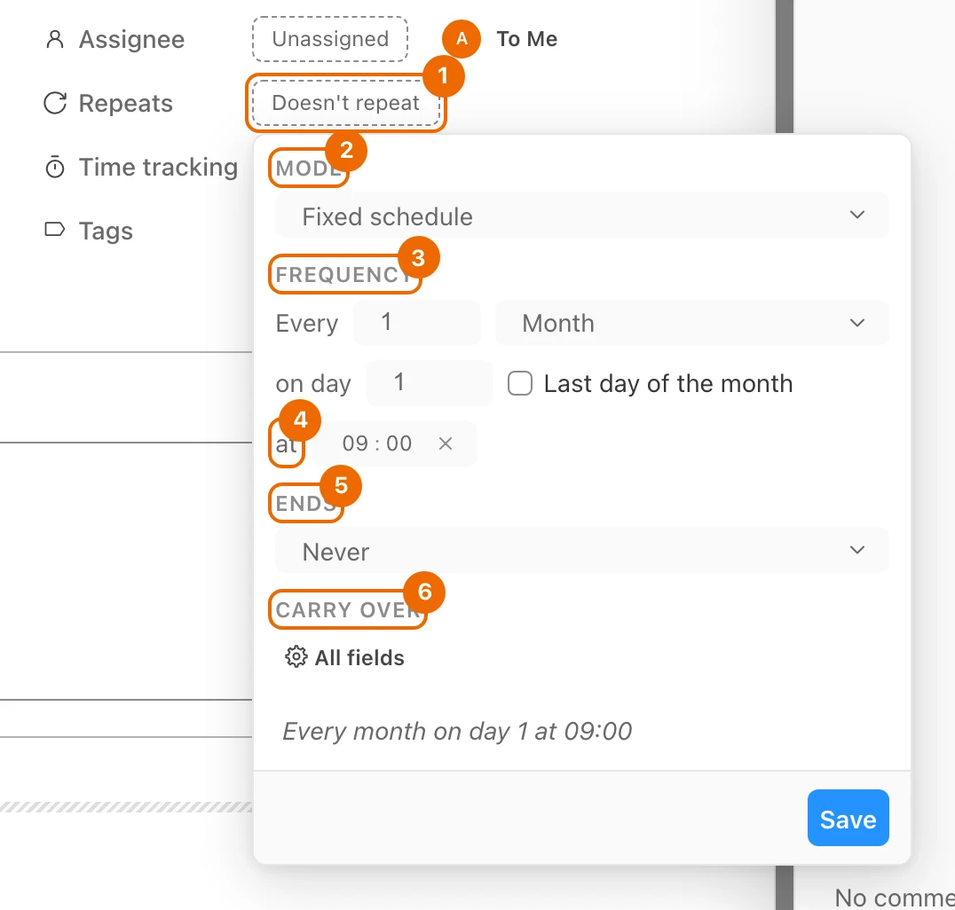 The repeat editor of Pay rent: Mode Fixed schedule, every 1 month on day 1 at 09:00, Ends Never, Carry over All fields