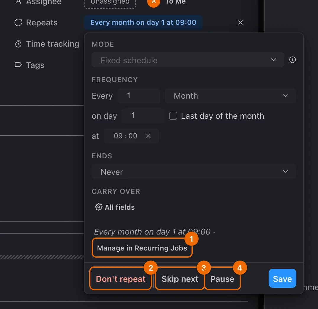 The repeat editor of the Pay rent series: Manage in Recurring Jobs, and the Don't repeat, Skip next and Pause buttons