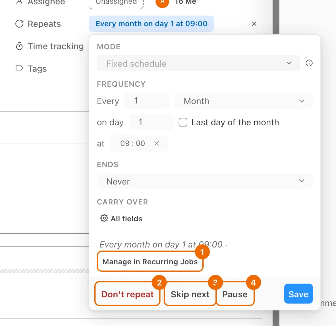 The repeat editor of the Pay rent series: Manage in Recurring Jobs, and the Don't repeat, Skip next and Pause buttons