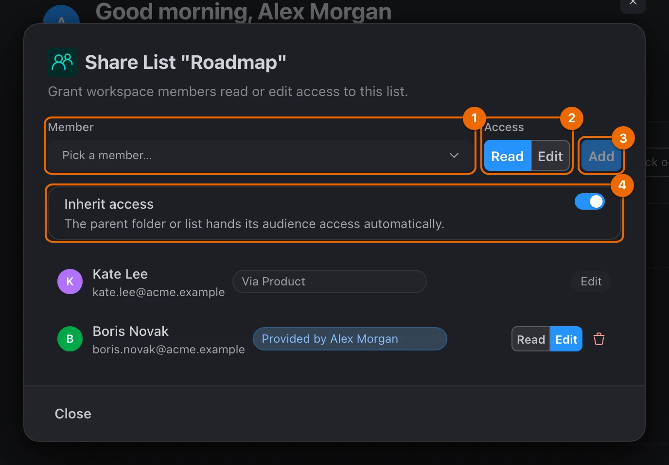 Share List "Roadmap" dialog: Kate Lee has Edit via Product, Boris Novak has Edit provided by Alex Morgan, and Inherit access is on