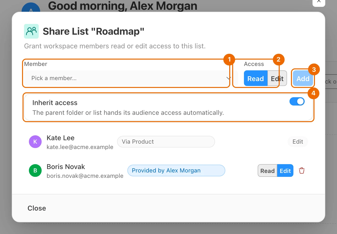 Share List "Roadmap" dialog: Kate Lee has Edit via Product, Boris Novak has Edit provided by Alex Morgan, and Inherit access is on