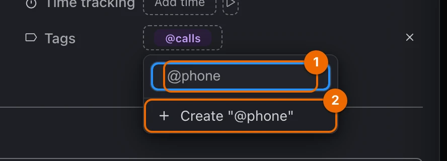 The tag picker of a task with @phone typed: no tag of that name yet, and the Create "@phone" row