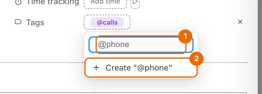 The tag picker of a task with @phone typed: no tag of that name yet, and the Create "@phone" row