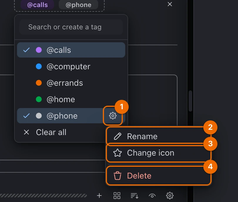 The tag picker with the settings menu of @phone open: Rename, Change icon and Delete
