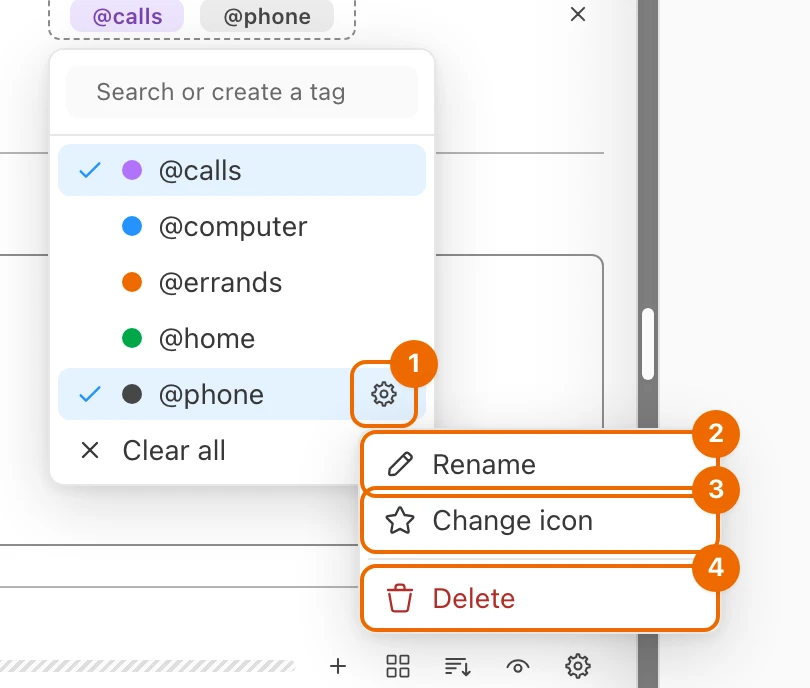 The tag picker with the settings menu of @phone open: Rename, Change icon and Delete