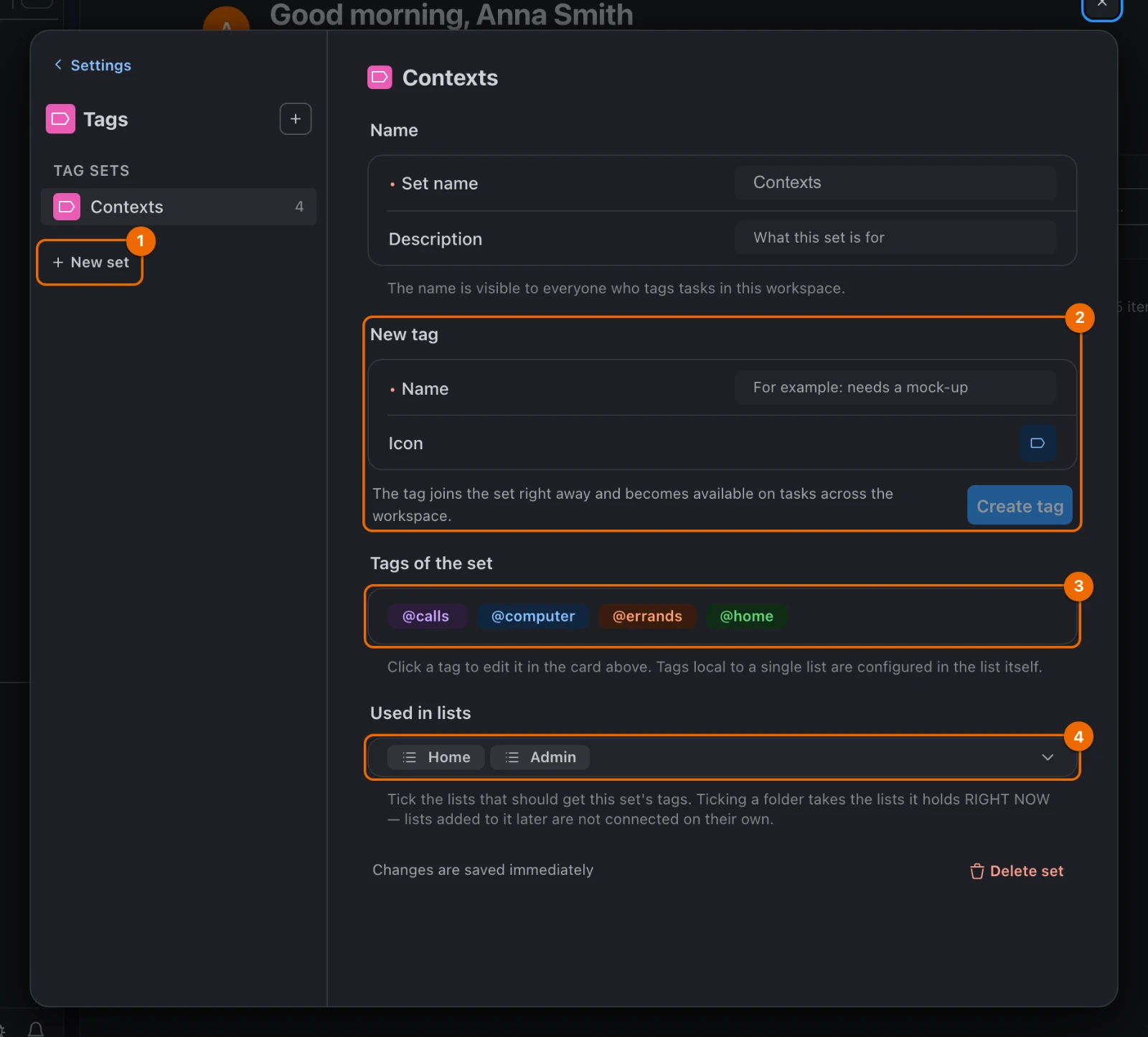 Workspace settings › Tags on the set Contexts: four tags, the New tag card, the New set button, and the lists Home and Admin connected