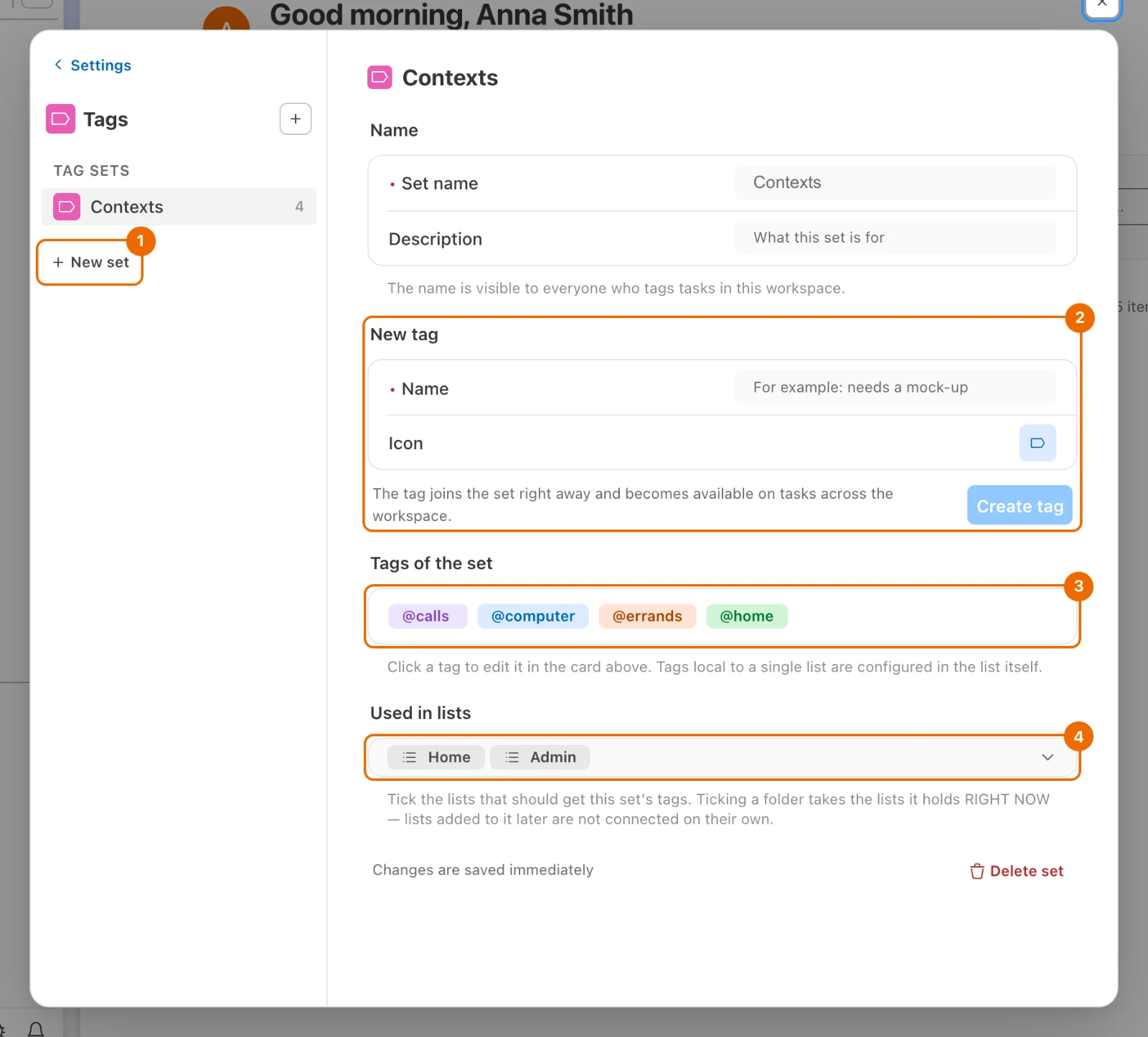 Workspace settings › Tags on the set Contexts: four tags, the New tag card, the New set button, and the lists Home and Admin connected