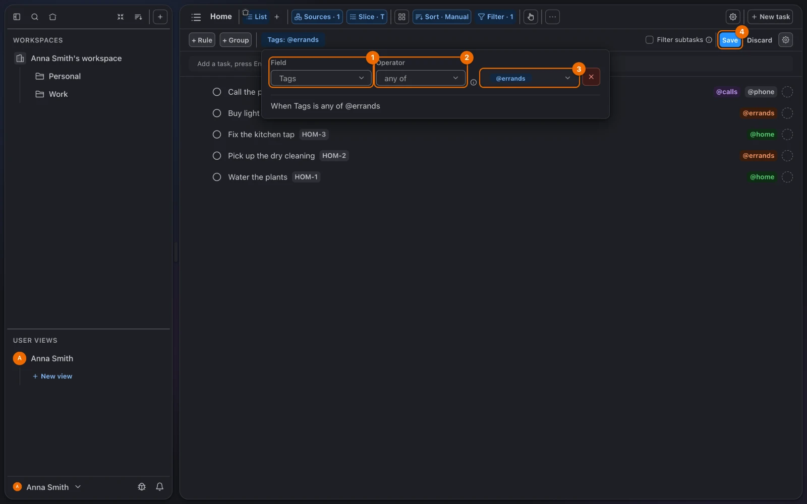 The filter rule editor of a List view: Field Tags, Operator any of, the tag @errands picked, and Save active while the list is not filtered yet