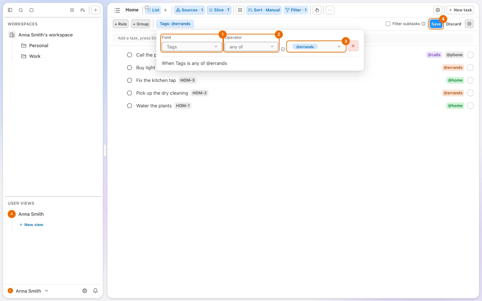 The filter rule editor of a List view: Field Tags, Operator any of, the tag @errands picked, and Save active while the list is not filtered yet