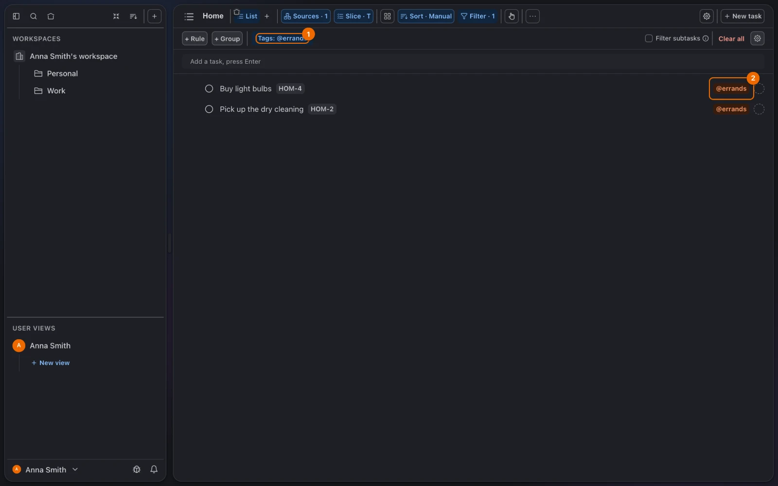 The List view after Save: the chip Tags: @errands in the filter strip and only the two tasks tagged @errands