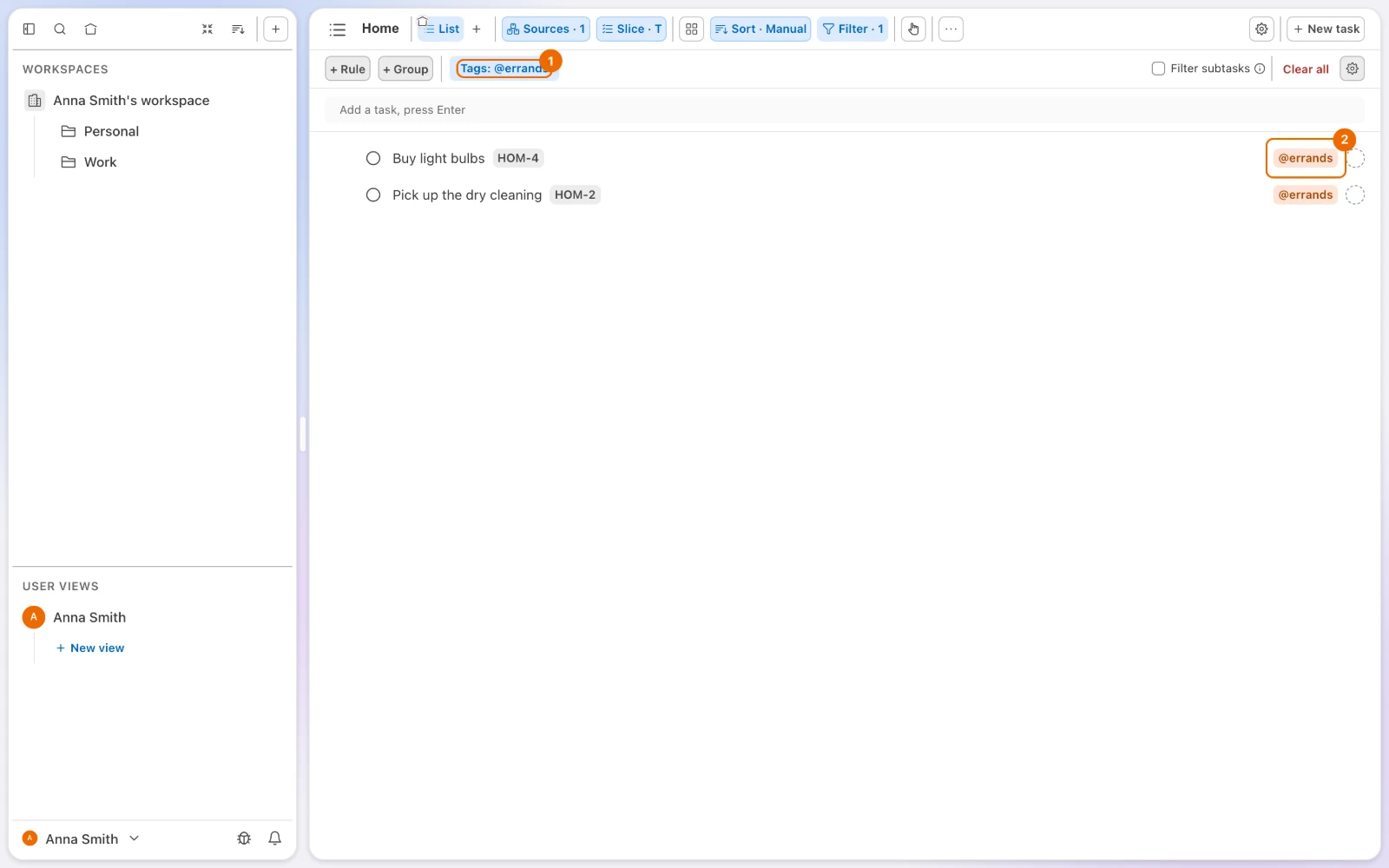 The List view after Save: the chip Tags: @errands in the filter strip and only the two tasks tagged @errands