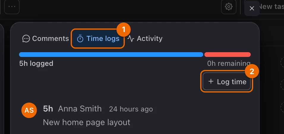 The Time logs tab of the task side panel with one entry and the Log time button