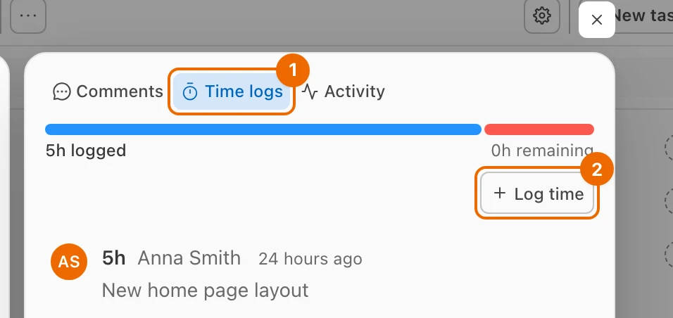 The Time logs tab of the task side panel with one entry and the Log time button