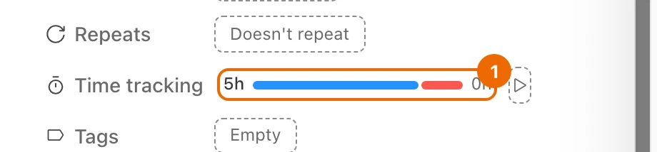 The Time tracking row of a task with an estimate of 4h and 5h logged: the bar runs past the estimate in red