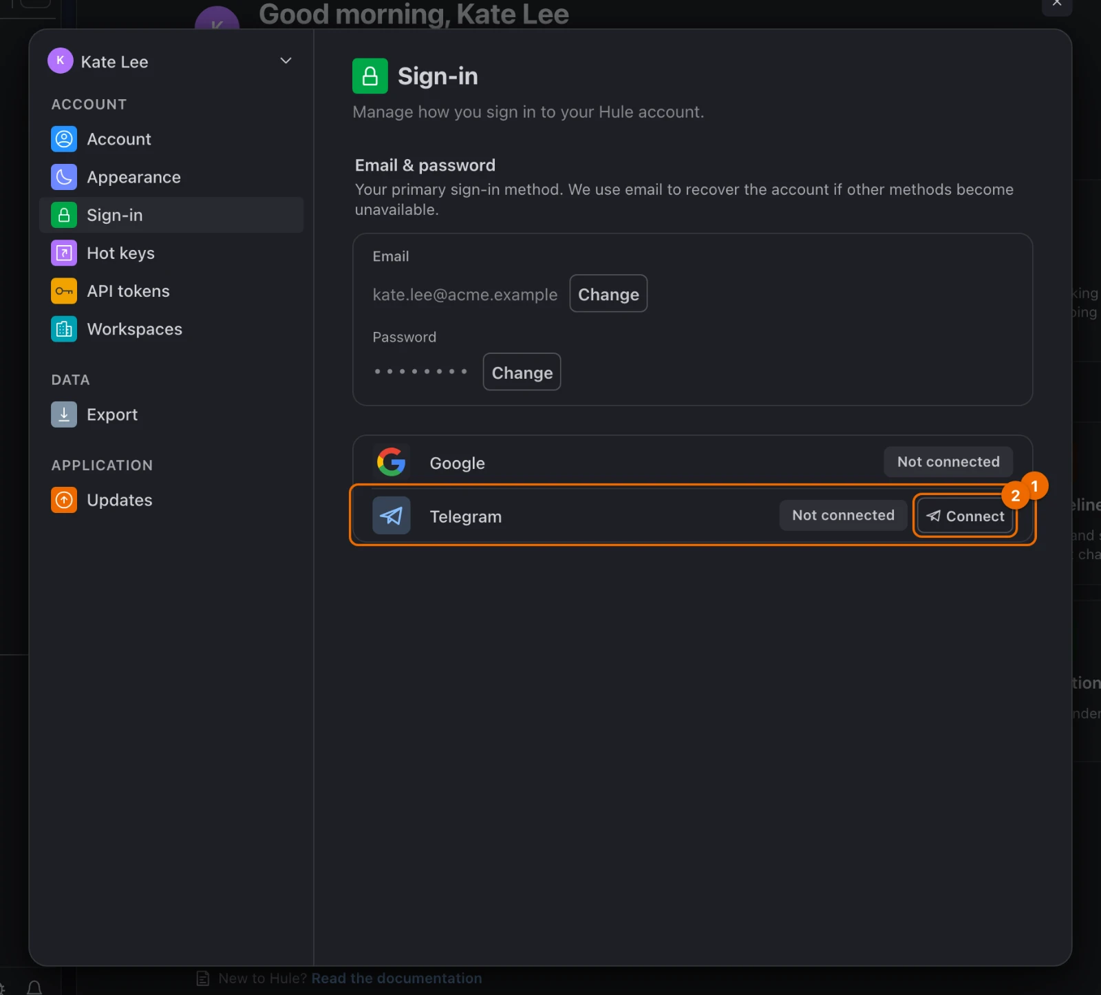 User settings, Sign-in: the Telegram row says Not connected and offers the Connect button