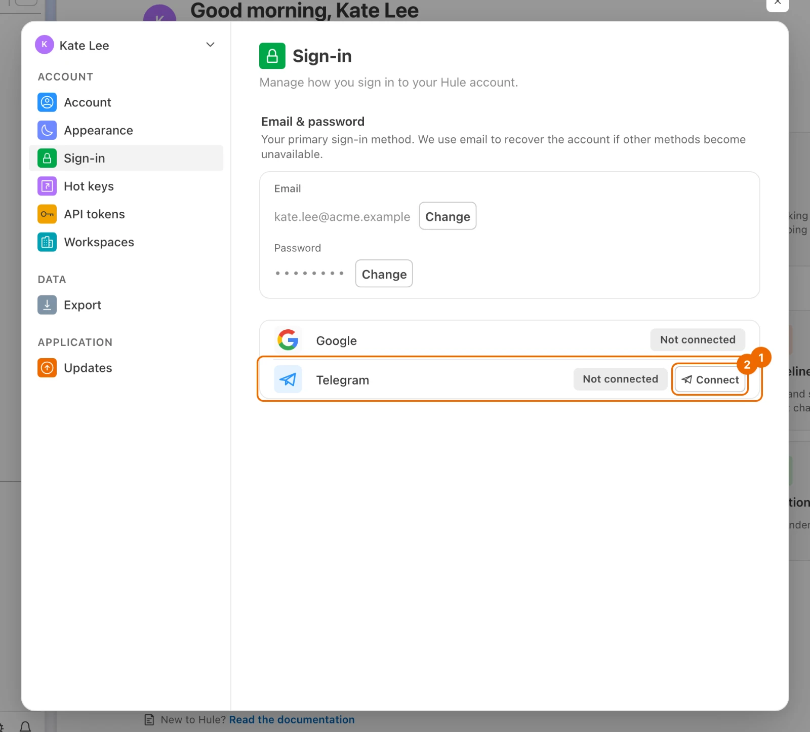 User settings, Sign-in: the Telegram row says Not connected and offers the Connect button