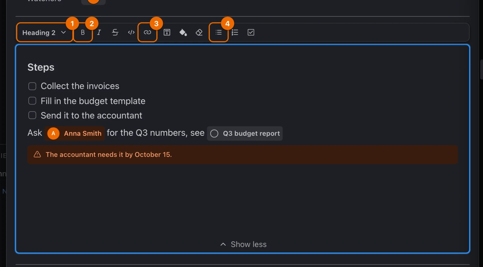 The description in edit mode with the cursor in the heading and the toolbar above it: block type, text styles, link and lists