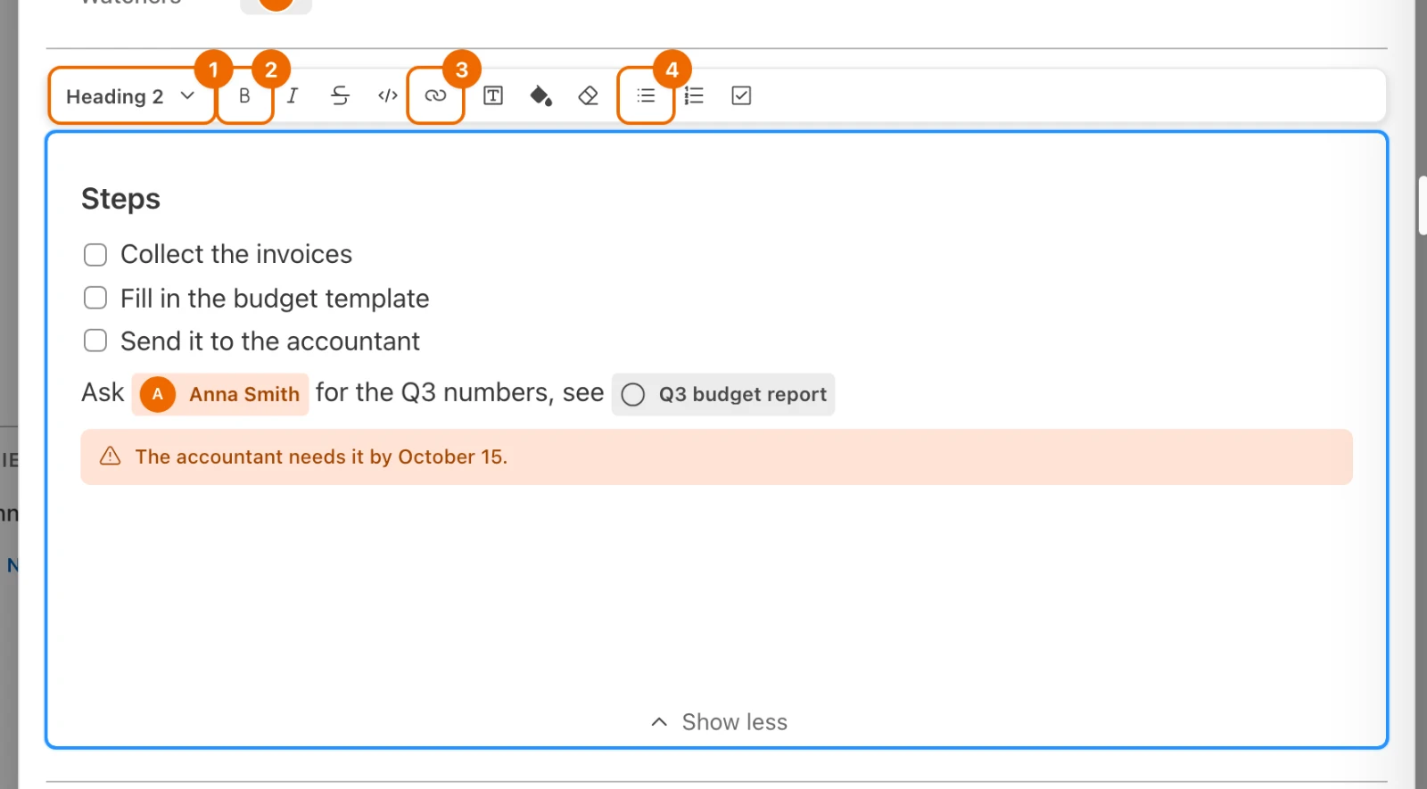 The description in edit mode with the cursor in the heading and the toolbar above it: block type, text styles, link and lists