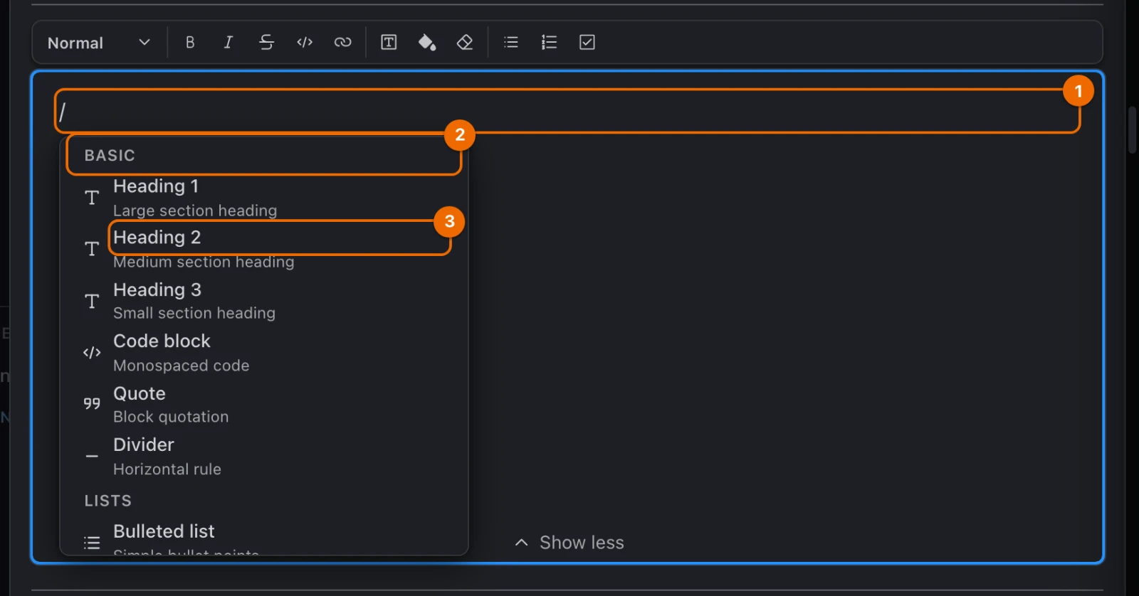 A / typed on an empty line, with the block menu open on its Basic group and Heading 2 in it
