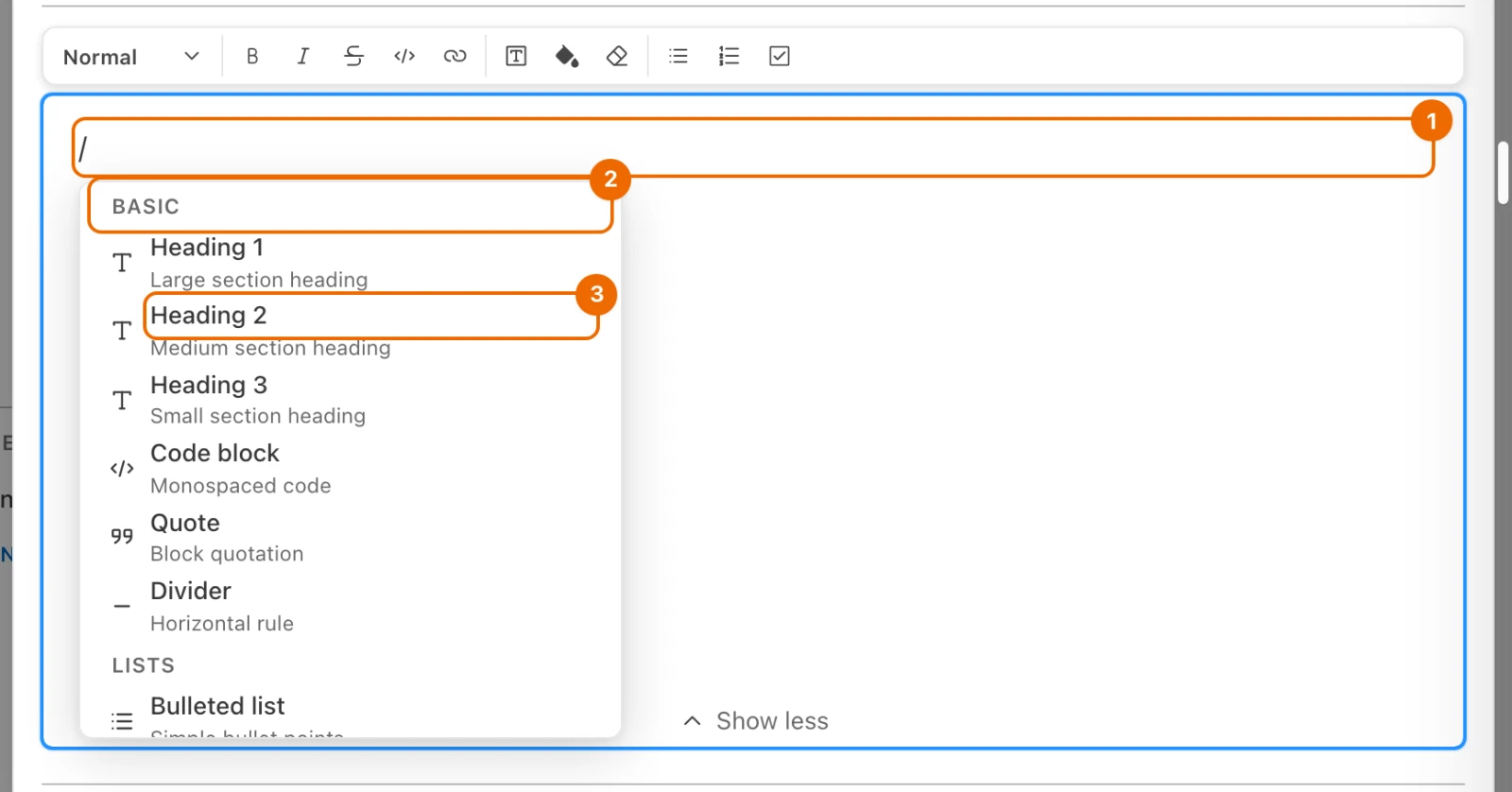 A / typed on an empty line, with the block menu open on its Basic group and Heading 2 in it