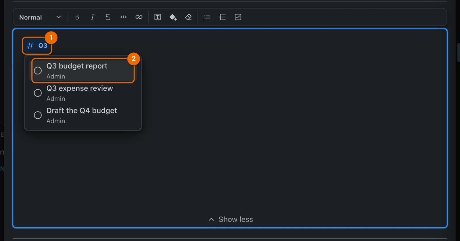 #Q3 typed: the Search tasks chip with three tasks under it, Q3 budget report first
