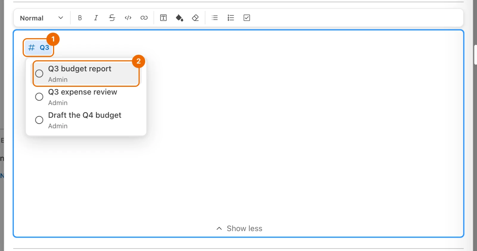 #Q3 typed: the Search tasks chip with three tasks under it, Q3 budget report first