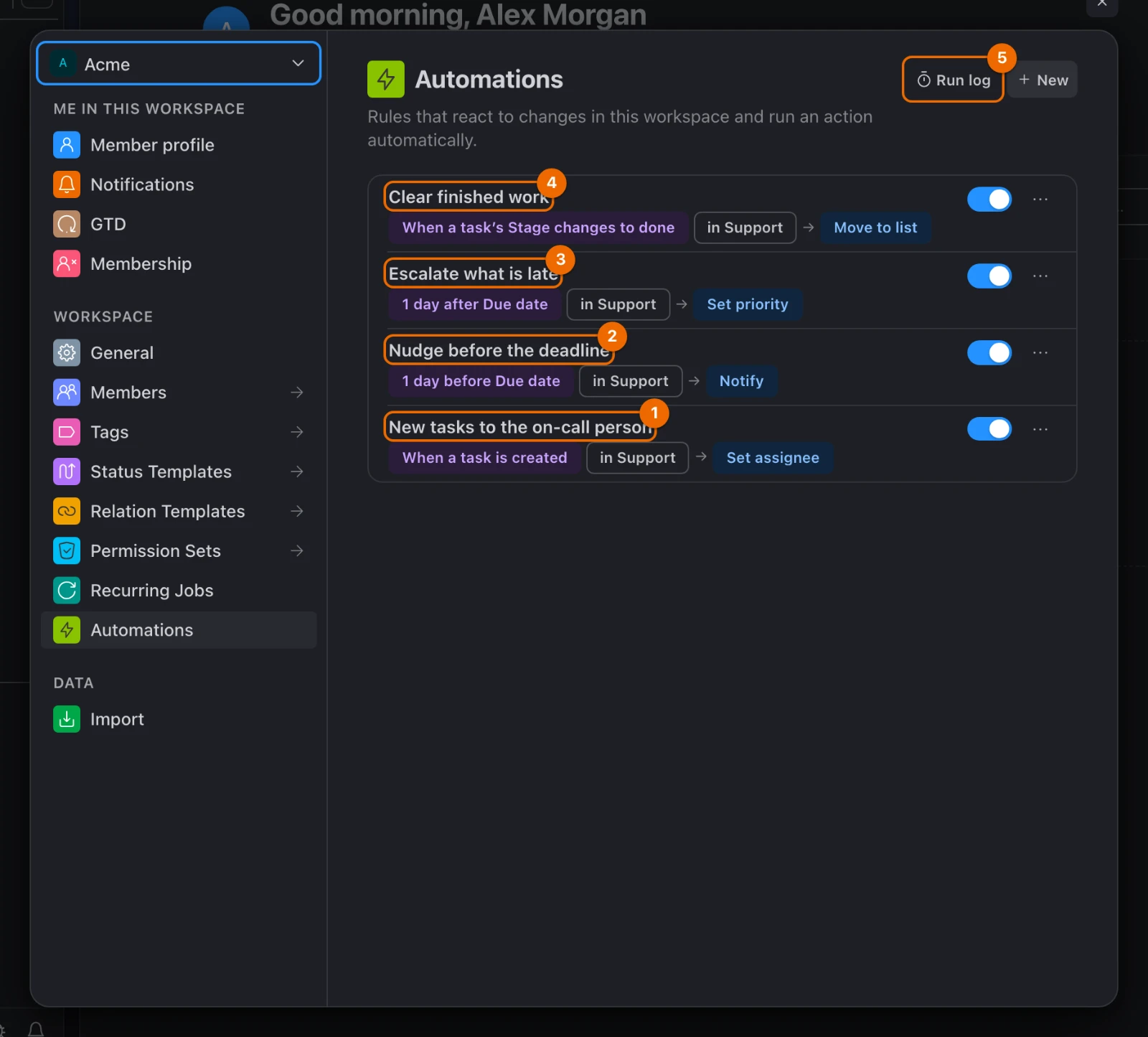 Workspace settings, Automations: the recipe's four automations, all switched on, and the Run log button