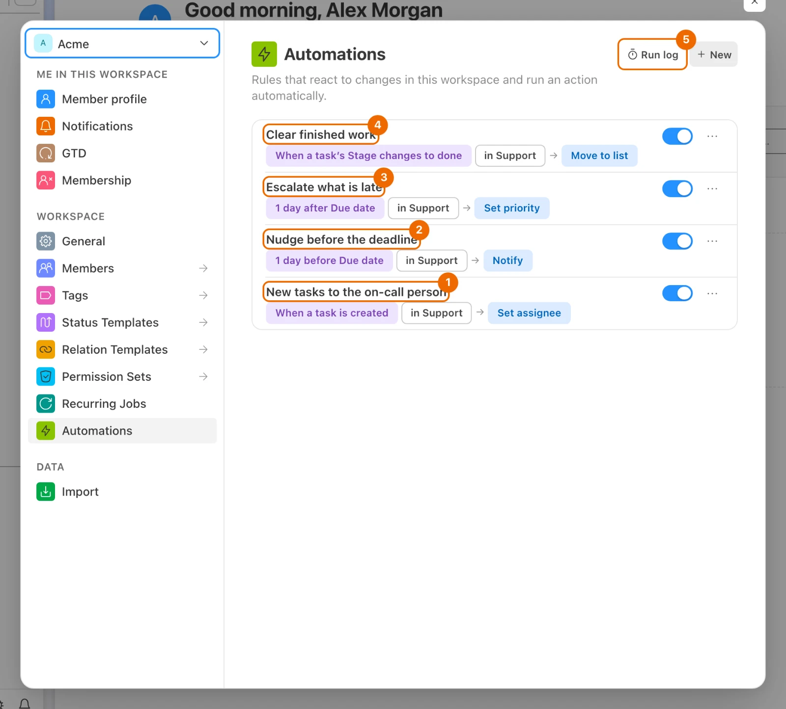 Workspace settings, Automations: the recipe's four automations, all switched on, and the Run log button