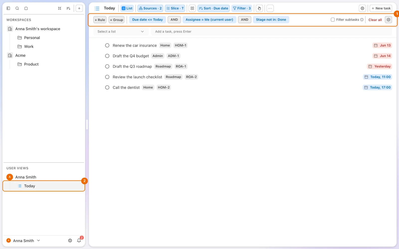 The personal List view Today under User Views: five tasks due today or overdue from two workspaces, with the filter rules above them